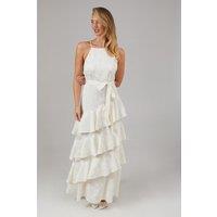 Oasis Women's Satin Jacquard Ruffle Halter Neck Bridesmaid Dress in Champagne | Size: 14