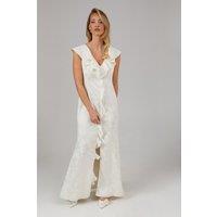 Oasis Women's Satin Jacquard Ruffle V Neck Bridesmaid Dress in Champagne | Size: 14