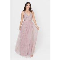 Maya Deluxe Women's Stripe Embellished Maxi Dress in Light Pink | Size: 12
