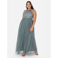 Maya Deluxe Women's Embellished Halter Neck Maxi Dress in Teal | Size: 8