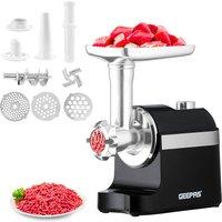 Geepas 1800W Electric Meat Grinder Stainless Steel Meat Mincer & Sausage Stuffer 3 Cutting Plates in Black