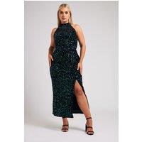 Yours Women's Velvet Sequin Halterneck Maxi Dress in Dark Green | Size: 24