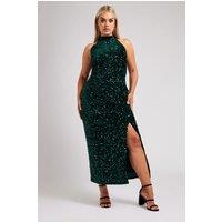 Yours Women's Velvet Sequin Halterneck Maxi Dress in Green | Size: 18