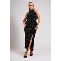 Yours Women's Velvet Sequin Halterneck Maxi Dress in Black | Size: 24