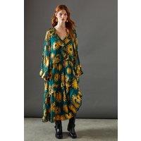 Sun Metallic Jacquard Frill Front Smock Midi Dress