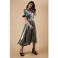 Oasis Women's Occasion Metallic Waist Detail Midi Dress in Silver | Size: 8