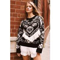 NastyGal Women's Mono Fringe Intarsia Sweater in Black | Size: Small