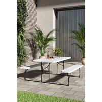 H&O Direct Outdoor Folding Picnic Dining Table Set with Parasol Hole in White