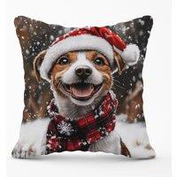 Warren Reed - Designer Snowy Christmas Jack Russell Cushion in Brown | Size: 45 cm x 45 cm