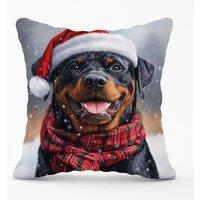 Warren Reed - Designer Snowy Christmas Rottweiler Cushion in Black | Size: 60 cm x 60 cm