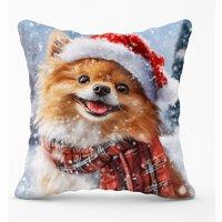 Warren Reed - Designer Christmas Pomeranian Cushion in Brown | Size: 45 cm x 45 cm