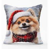 Warren Reed - Designer Snowy Christmas Pomeranian Cushion in Brown | Size: 60 cm x 60 cm