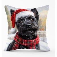 Warren Reed - Designer Christmas Scottish Terrier Cushion in Black | Size: 45 cm x 45 cm