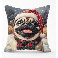 Warren Reed - Designer Christmas Pug Cushion in Brown | Size: 60 cm x 60 cm