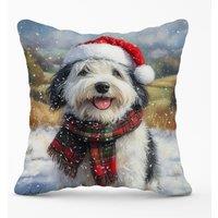 Warren Reed - Designer Snowy Christmas Old English Sheepdog Cushion in Grey | Size: 45 cm x 45 cm