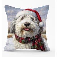 Warren Reed - Designer Christmas Old English Sheepdog Cushion in White | Size: 60 cm x 60 cm