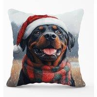 Warren Reed - Designer Christmas Rottweiler Cushion in Black | Size: 45 cm x 45 cm