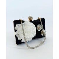 Square clutch Bag with 3D florals and Rhinestone handle in Black