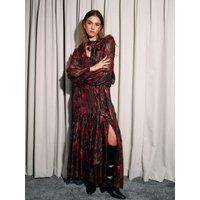 Finding Friday Women's Metallic Printed Aline Maxi Skirt With Ruffle Detail in Red | Size: 10