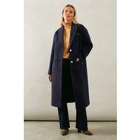 Wallis Women's Stud Detail Single Breasted Midi Coat in Navy | Size: 14