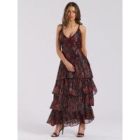 Finding Friday Women's Printed Metallic Ruffle Strappy Shoulder Maxi Dress in Red | Size: 12