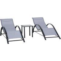 OUTSUNNY 3 Pieces Lounge Chair Set Garden Recliner Chair with Coffee Table for Patio in Light Grey