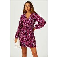 FS Collection Women's Leopard Print Wrap Top Mini Dress In Magenta in Pink | Size: Small