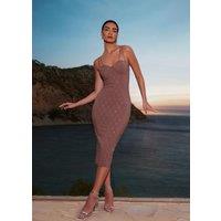 Quiz Women's Dark Brown Diamante Bodycon Midi Dress | Size: 6