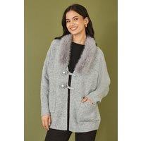 Grey Cardigan With Detachable Fur Collar Trim