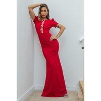 Goddiva Women's Diamante Embellished Heart Brooch Scuba Maxi Dress in Red | Size: 14