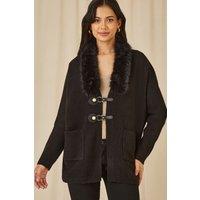 Black Cardigan With Detachable Fur Collar Trim