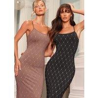 Quiz Women's Dark Brown Diamante Strappy Maxi Dress | Size: 8
