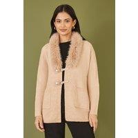 Oatmeal Cardigan With Detachable Fur Collar Trim