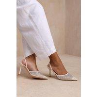 Where's That From Women's 'California' Wide Fit Diamante Mesh Pointed Toe Sling Back Heel in Beige | Size: 8