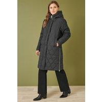 Yumi Women's Black Padded Quilted Long Coat With Zip Detail & Hood | Size: 8