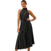 Roman Women's Velvet Halter Neck Ruffle Hem Midi Dress in Black | Size: 20