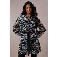 Oasis Women's Dogtooth Chiffon Contrast Belted Mini Dress in Mono | Size: 8