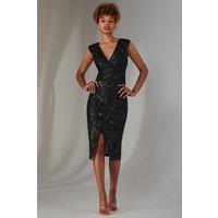 Jolie Moi Women's Deja Sequin Midi Dress With Slit in Black | Size: 12