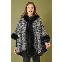 Yumi Women's Black Faux Fur Trim Cape With Paisley Print | Size: S/M