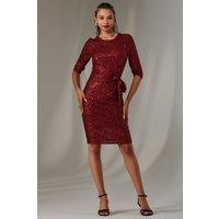 Jolie Moi Women's 3/4 Sleeve Sequin Stretch Shift Dress in Dark Red | Size: 14