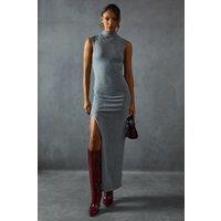MissPap Women's Soft Knit Grown On Neck Sleeveless Split Leg Maxi Dress in Grey | Size: S/M