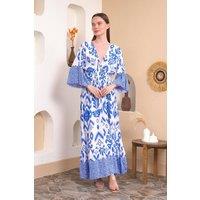 HOXTON GAL Women's Oversized Flutter Sleeves Shirred Waist Geometrical Print V Neck Maxi Dress in Blue