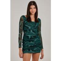 Pink Vanilla Women's Mesh Marble Long Sleeve Mini Dress in Green | Size: 6