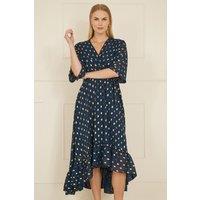 Yumi Women's Navy Foil Print Wrap Over Dip Hem Midi Dress | Size: 16