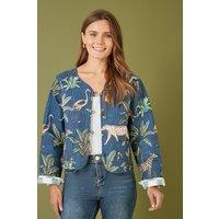 Yumi Women's Blue Animal Print Reversible Cotton Cropped Quilted Jacket | Size: 10