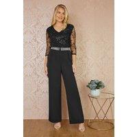 Yumi Women's Black Wide Leg Trousers With Diamante Waistband | Size: 16