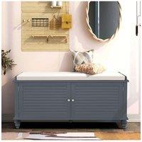 Wooden Shutter Door Shoe Cabinet Storage Bench with Linen Cushion