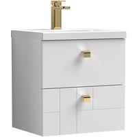 Balterley Wall Hung 2 Drawer Vanity Basin Unit & Basin, White, Brass Handles in White