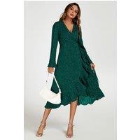 FS Collection Women's Dot Print Wave Front Frill Wrap Midi Dress In Green | Size: Small