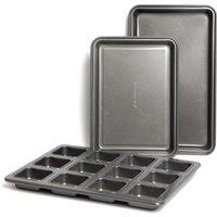 MasterClass 3pc Non-Stick Brownie Baking Set with 2x Standard Brownie Pans & 1x 12-Hole Individual Brownie Pan in Grey